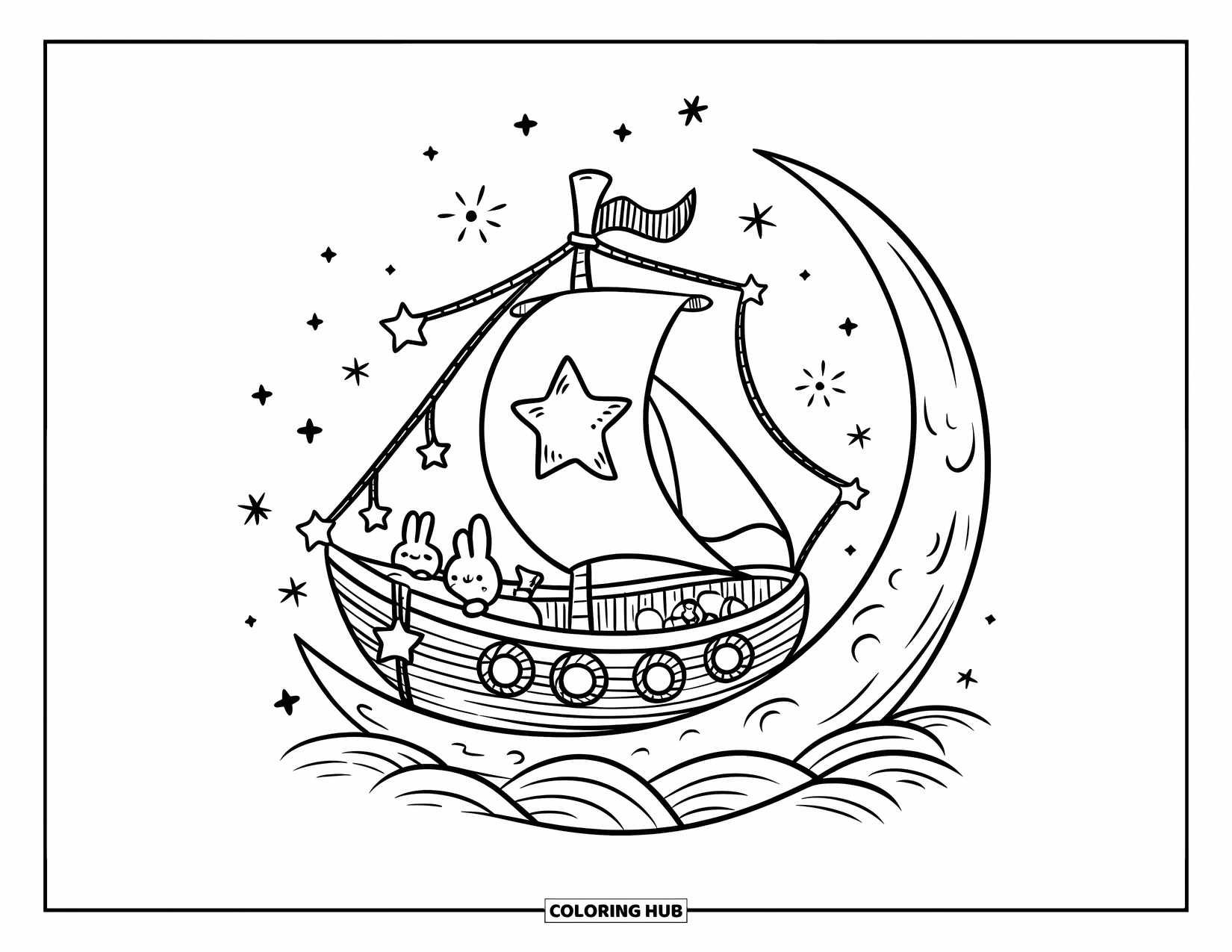 Boat Coloring Page for Adults: A serene scene of a magical boat resting on a gentle crescent moon, with a rabbit enjoying the cosmic view