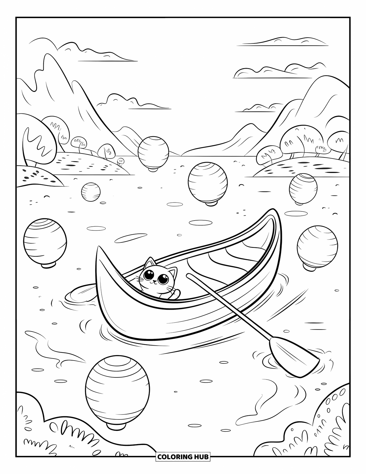 Boat Coloring Page for Adults: A small cat with wide, curious eyes sits inside a canoe, mesmerized by glowing paper lanterns drifting across the water