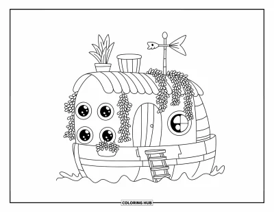 Boot-Ausmalbild für Erwachsene: Ein verspieltes Hausboot mit runden Fenstern, Blumenkasten und kleinem Dachgarten, umgeben von sanften Wellen