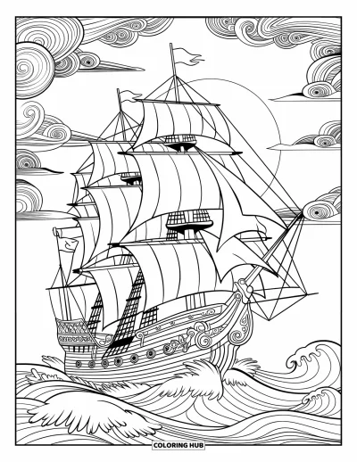 Boot-Ausmalbild für Erwachsene: Ein Segelschiff im alten Stil mit geblähten Segeln und kunstvollen Schnitzereien schneidet durch die Wellen