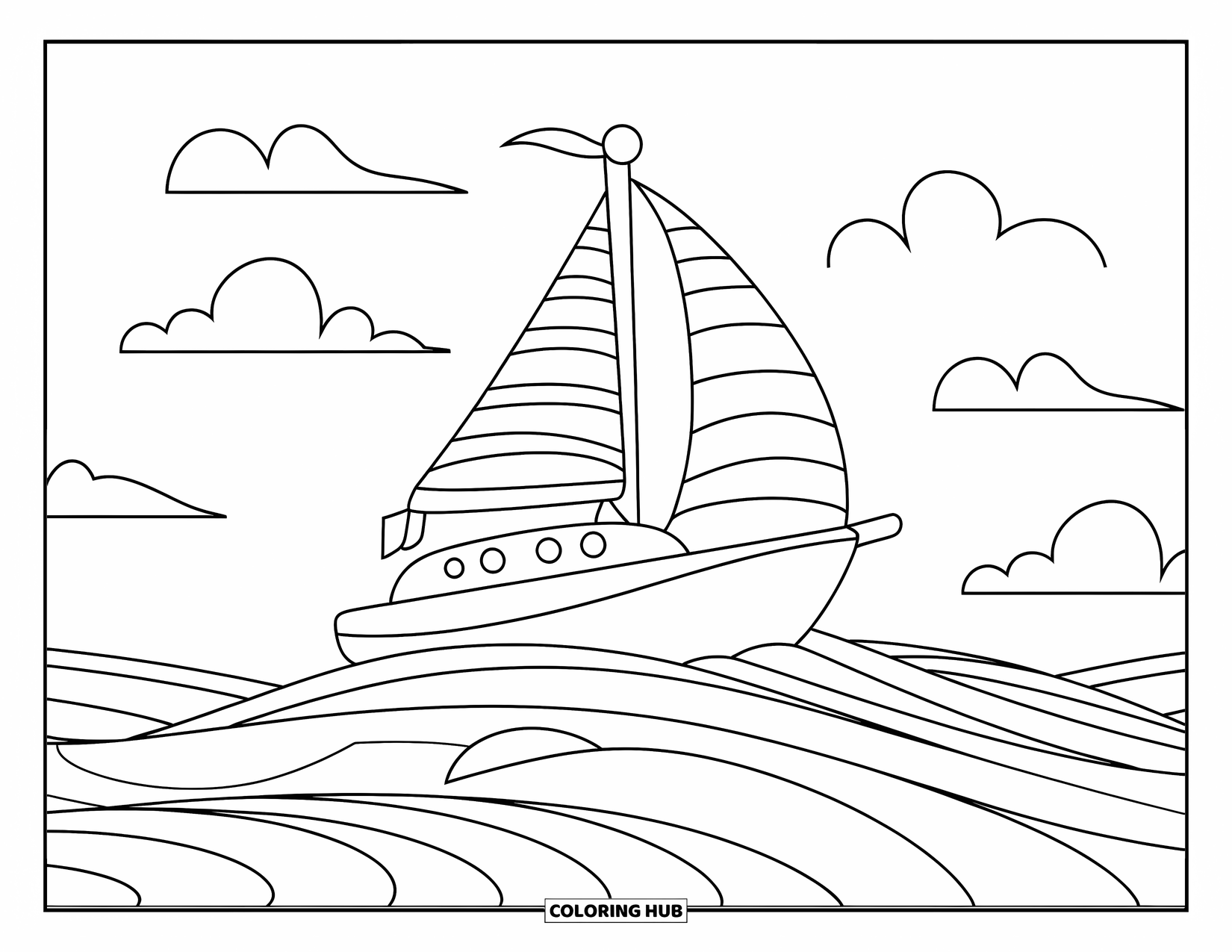 Boat Coloring Page for Kids: A charming yacht with bold stripes sails beneath fluffy clouds and gentle waves