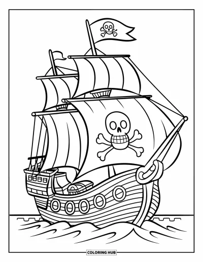Boot-Ausmalbild für Kinder: Ein fröhliches Piratenschiff segelt durch die Wellen, eine verspielte Totenkopf-Flagge weht im Wind