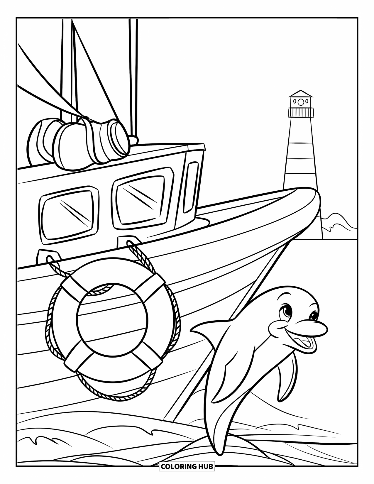 Boat Coloring Page for Kids: A cheerful rescue boat with a lifebuoy sails with a friendly dolphin jumping in the distance