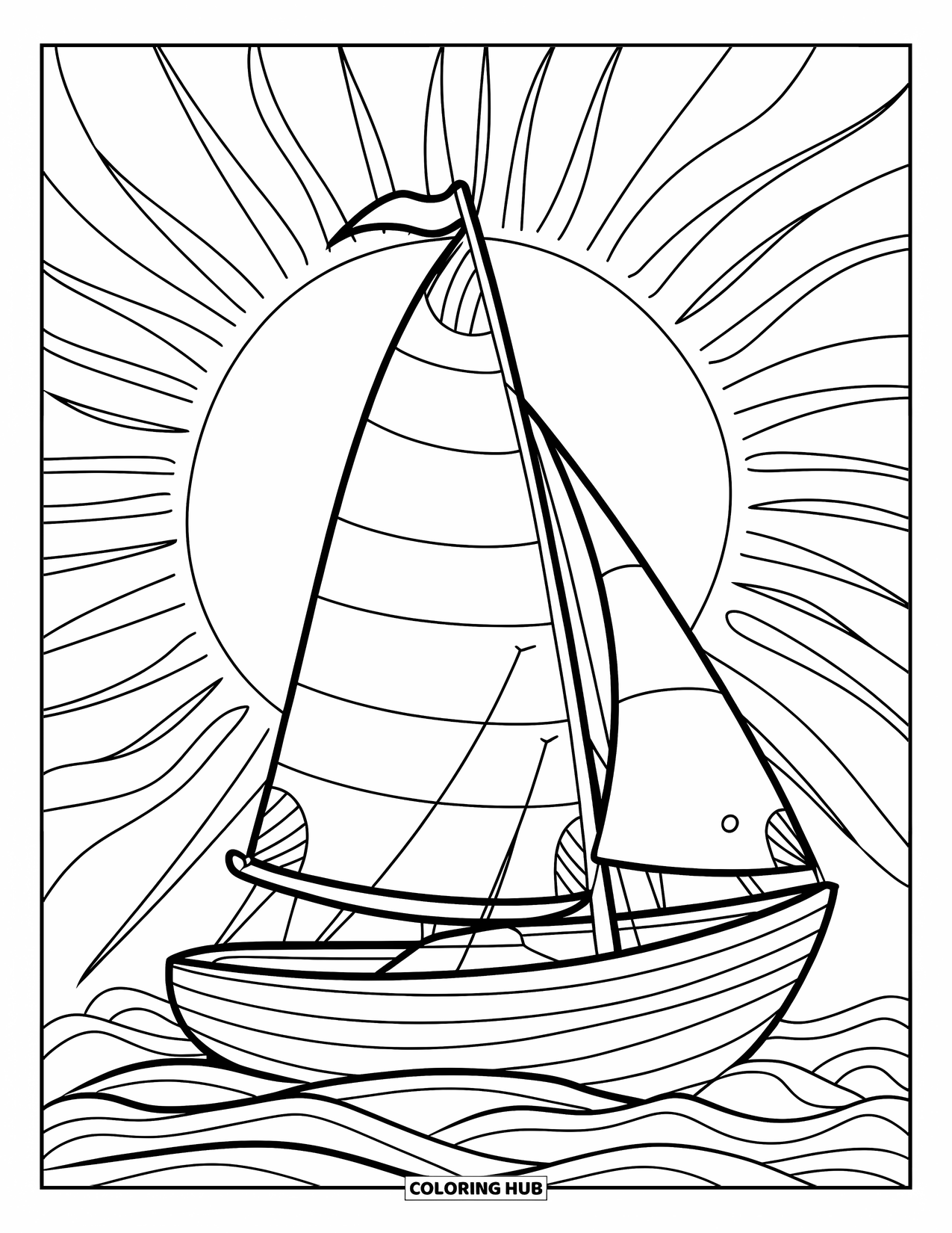 Boat Coloring Page for Kids: A cheerful sailboat with a single sail moves through rippling waves under a bright sky