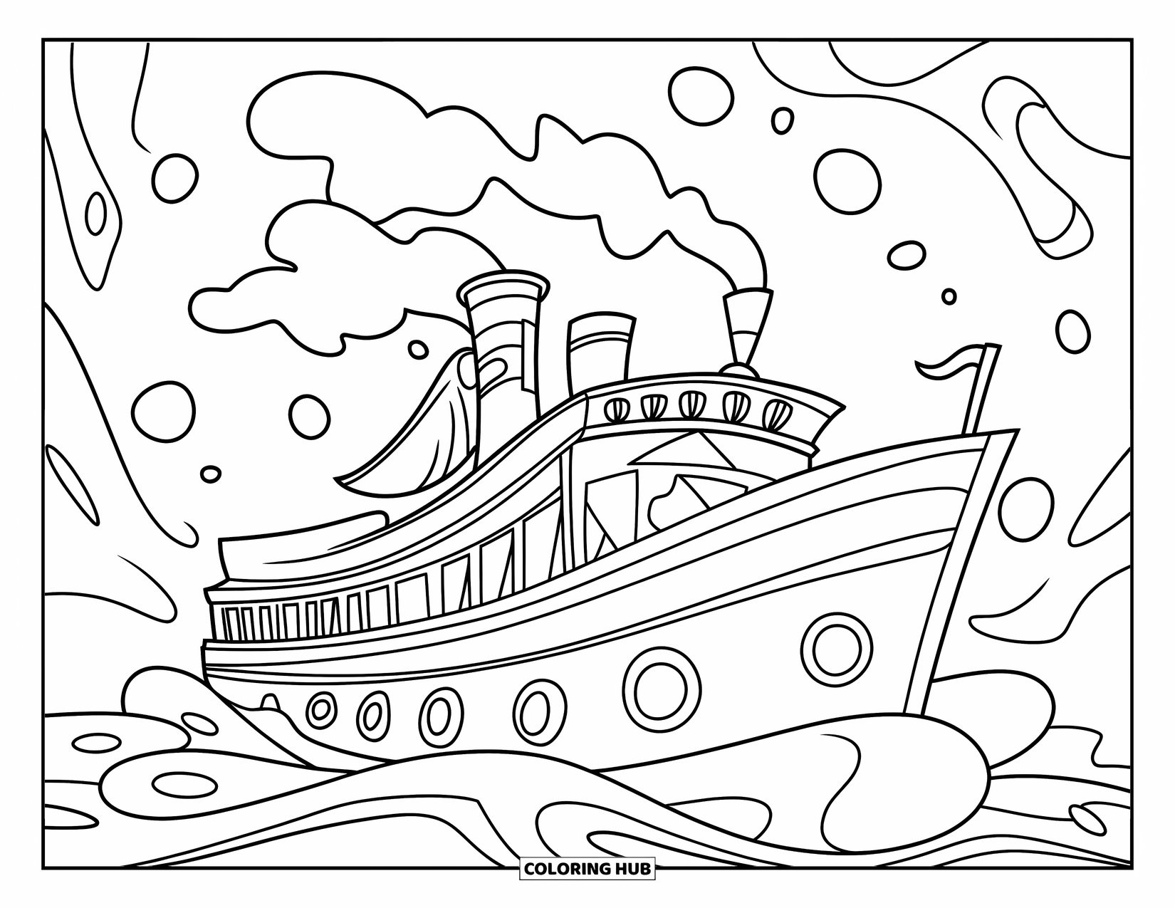 Boat Coloring Page for Kids: A cheerful steamboat sails through stylized waves, surrounded by floating bubbles