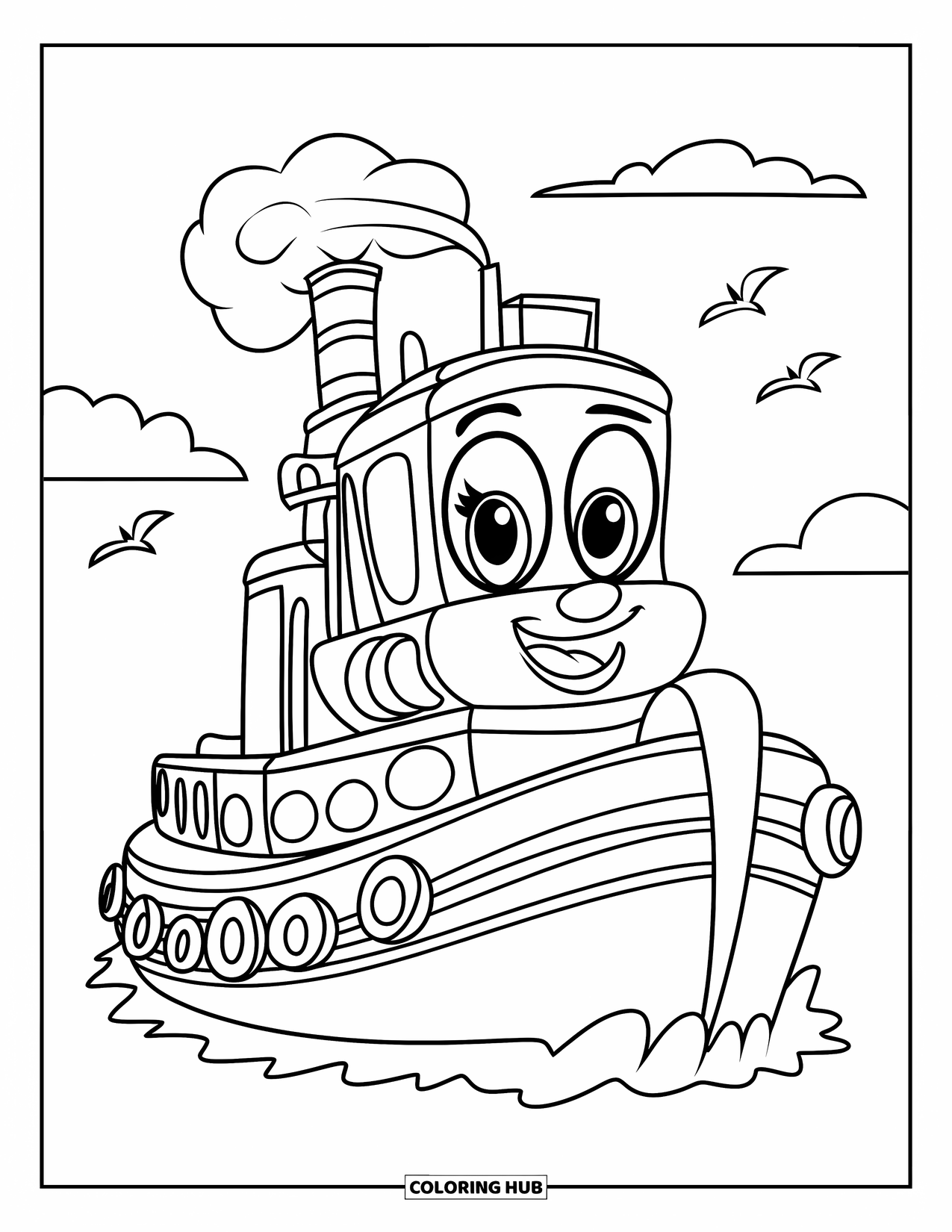 Boat Coloring Page for Kids: A cheerful tugboat with a smiling face puffs smoke while sailing under a bright sky