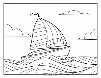 Boot-Ausmalbild für Kinder: Eine fröhliche Yacht mit gestreiftem Segel gleitet unter hellem Himmel durchs Wasser