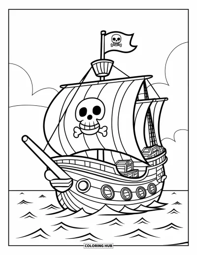 Boot-Ausmalbild für Kinder: Ein klassisches Piratenschiff mit verspielter Totenkopf-Flagge und Schatztruhen an Deck