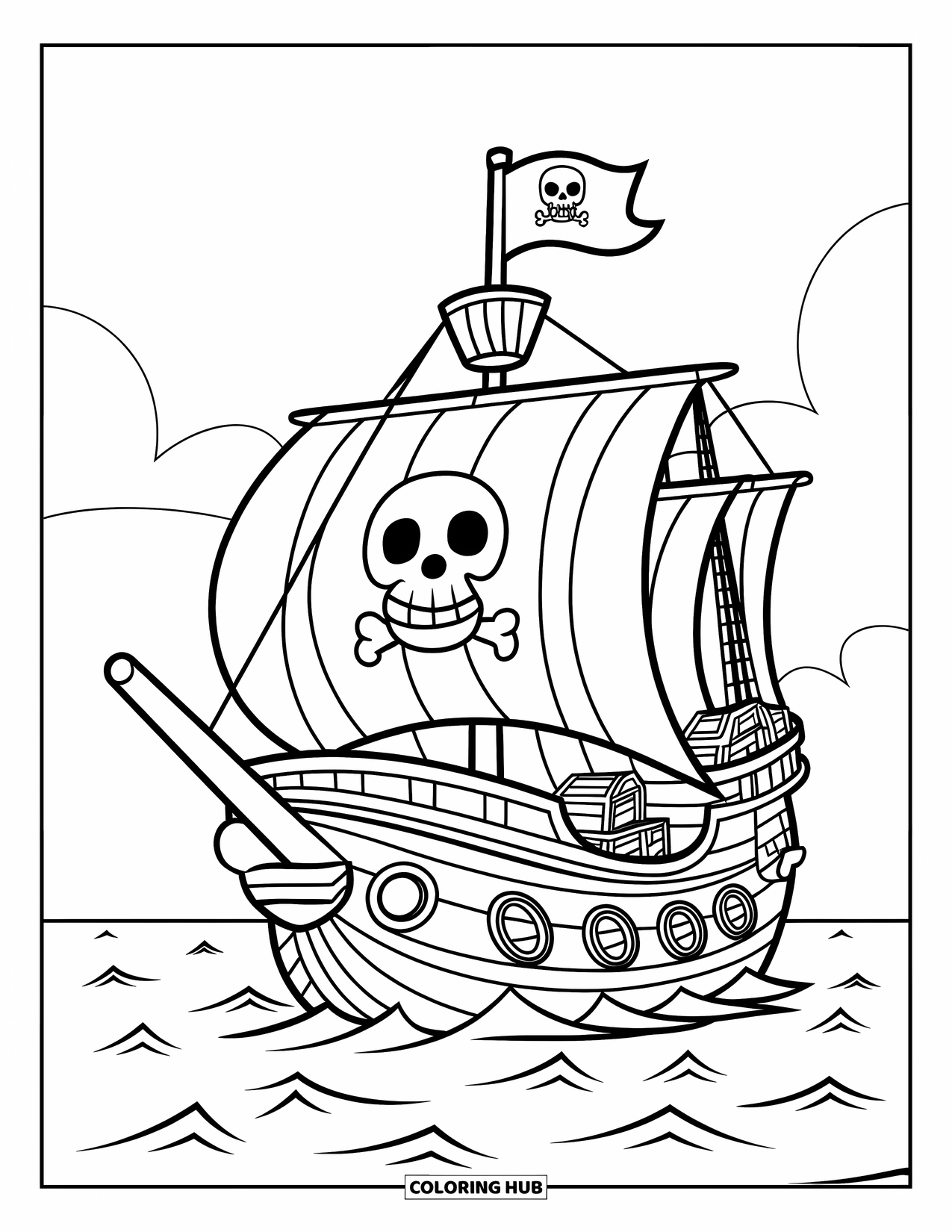 Boat Coloring Page for Kids: A classic pirate ship with a playful skull flag and treasure chests on deck