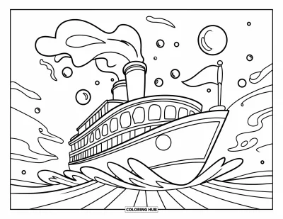 Boot-Ausmalbild für Kinder: Ein klassisches Dampfschiff mit Schornstein und Flagge treibt zwischen verspielten Wellen und Blasen