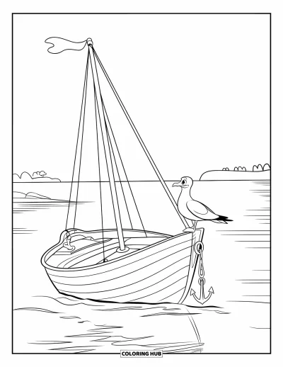Boot-Ausmalbild für Kinder: Ein angelegtes Segelboot mit Anker und einer Möwe, umgeben von einer ruhigen Meereslandschaft
