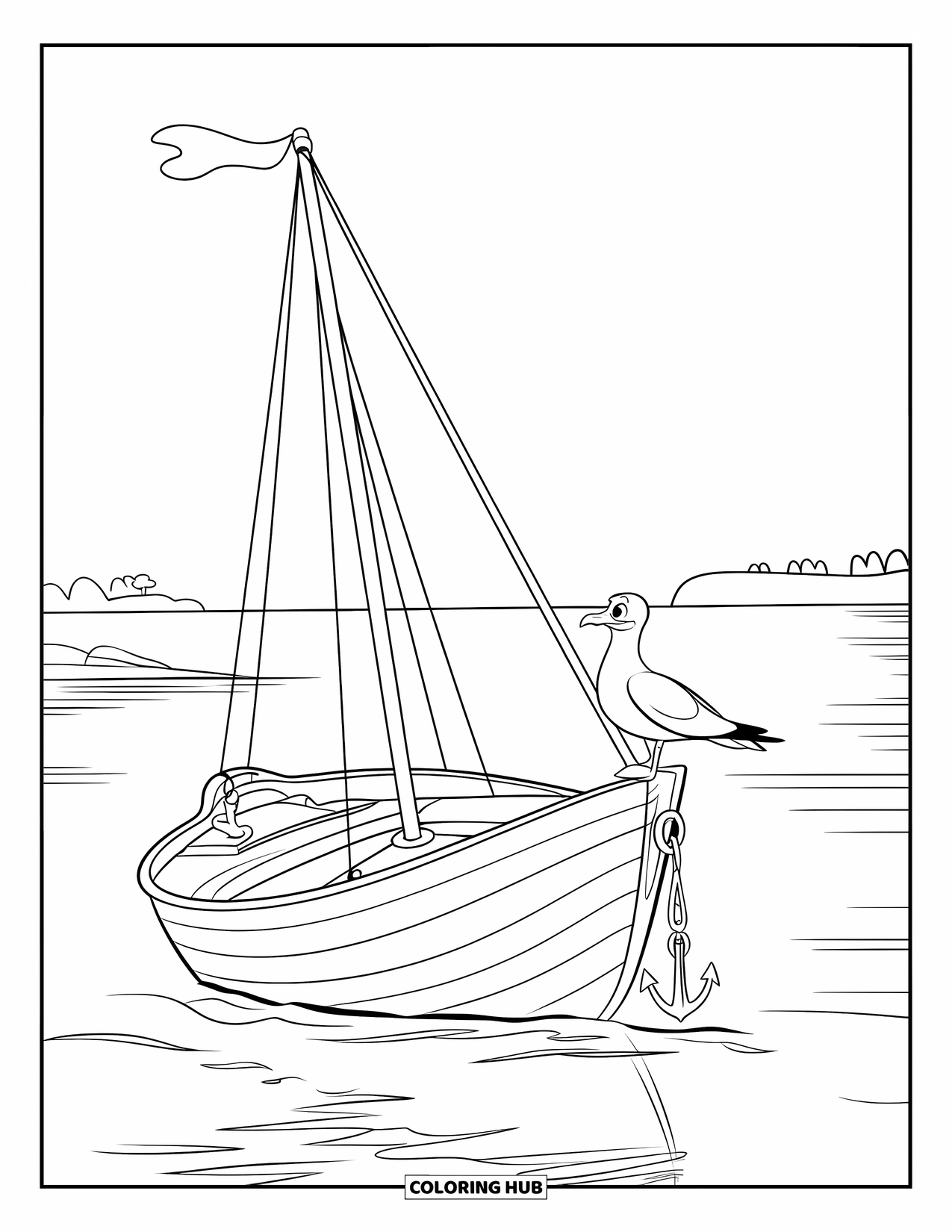 Boat Coloring Page for Kids: A docked sailboat with an anchor and a seagull, surrounded by a serene ocean landscape