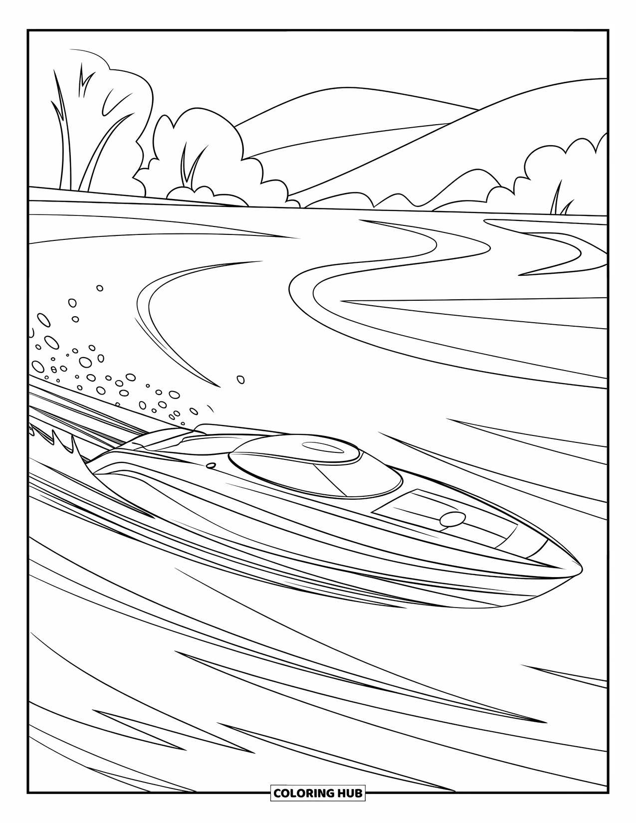 Boat Coloring Page for Kids: A dynamic motorboat races through the sea, leaving ripples and splashes in its wake