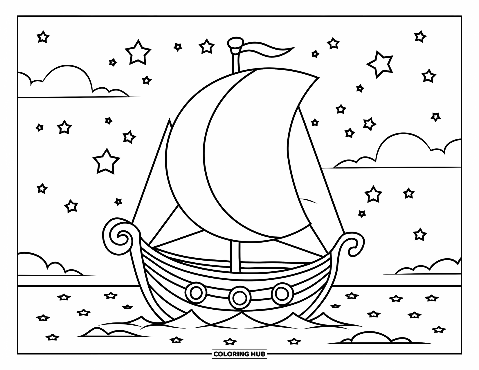 Boat Coloring Page for Kids: A fantasy boat with a crescent moon sail floats on a shimmering starry sea