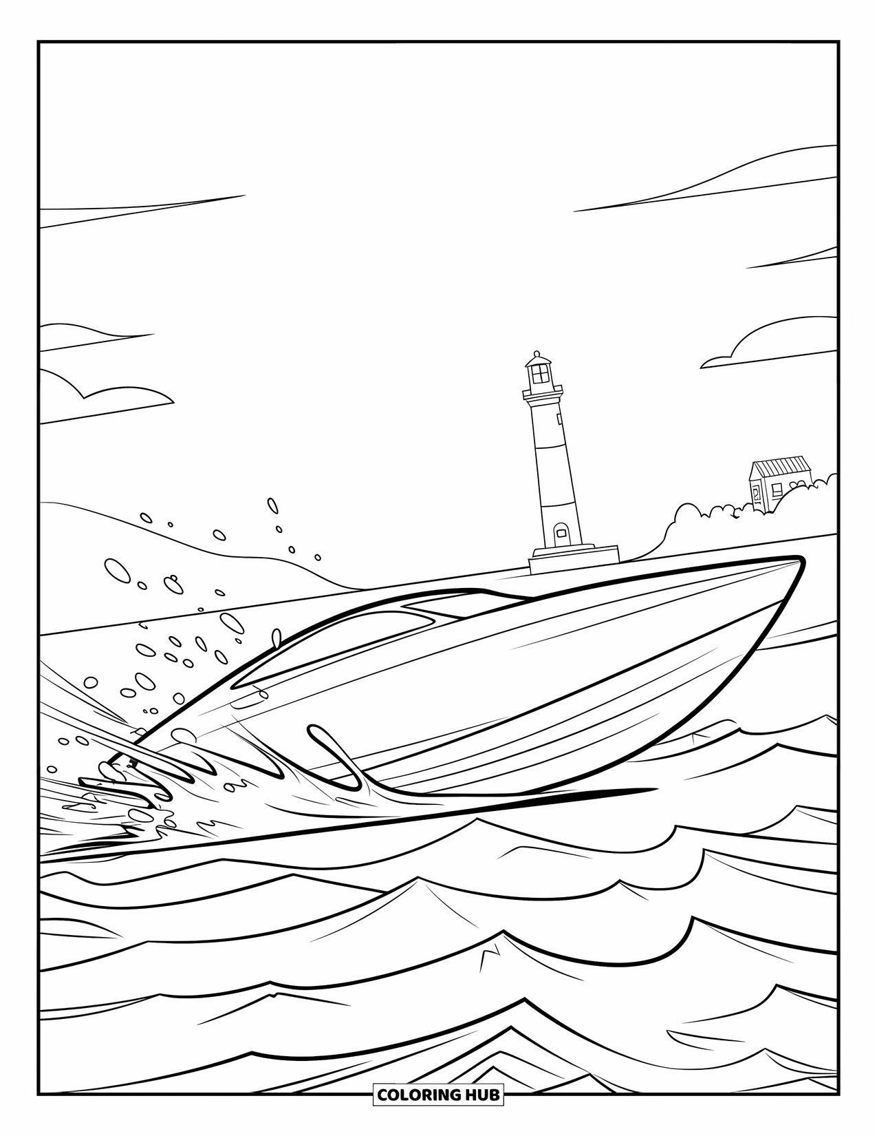 Boat Coloring Page for Kids: A fast-moving speedboat cuts through rolling waves as clouds drift overhead