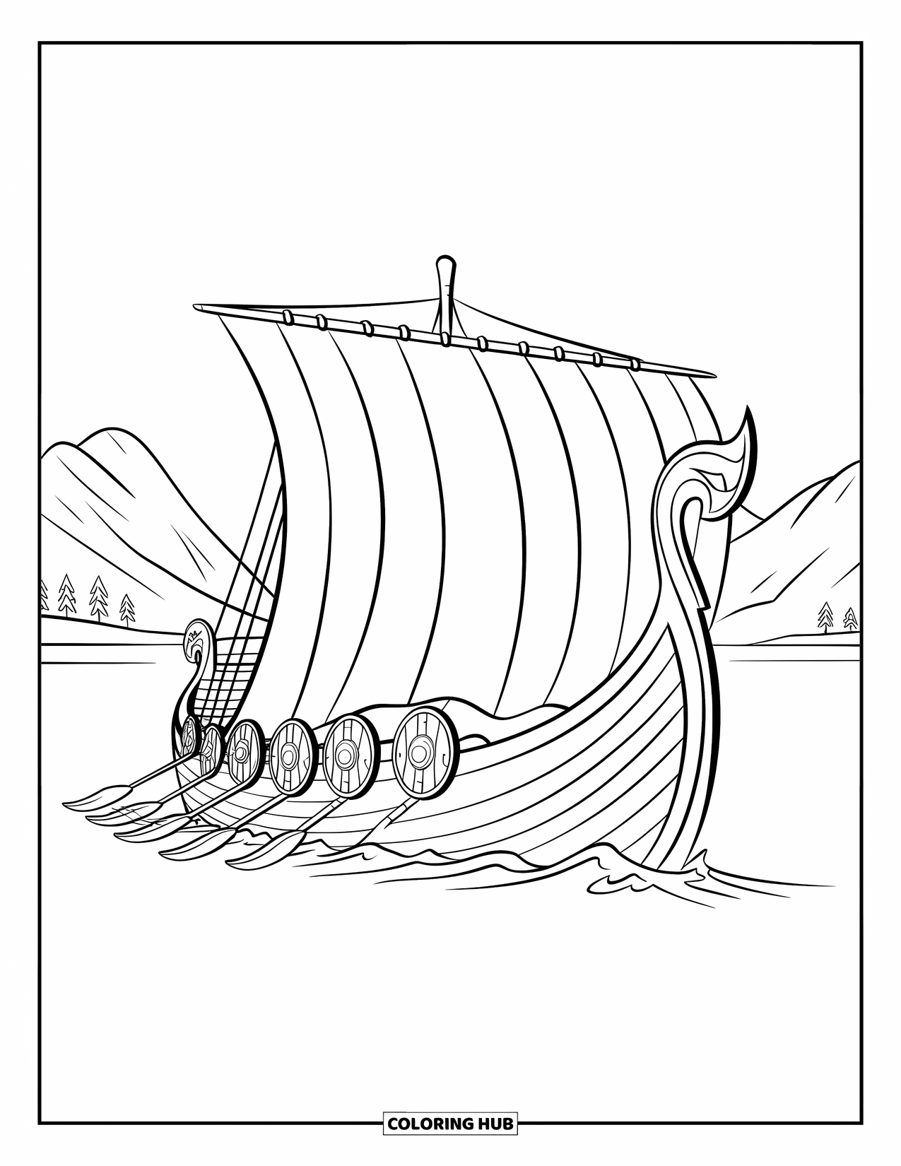Boat Coloring Page for Kids: A grand Viking ship sails past mountains, its dragon figurehead leading the way