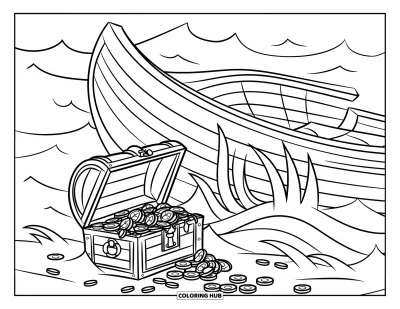 Boot-Ausmalbild für Kinder: Ein halb versunkenes Boot, umgeben von Schatz, Seegras und Meeresbewohnern