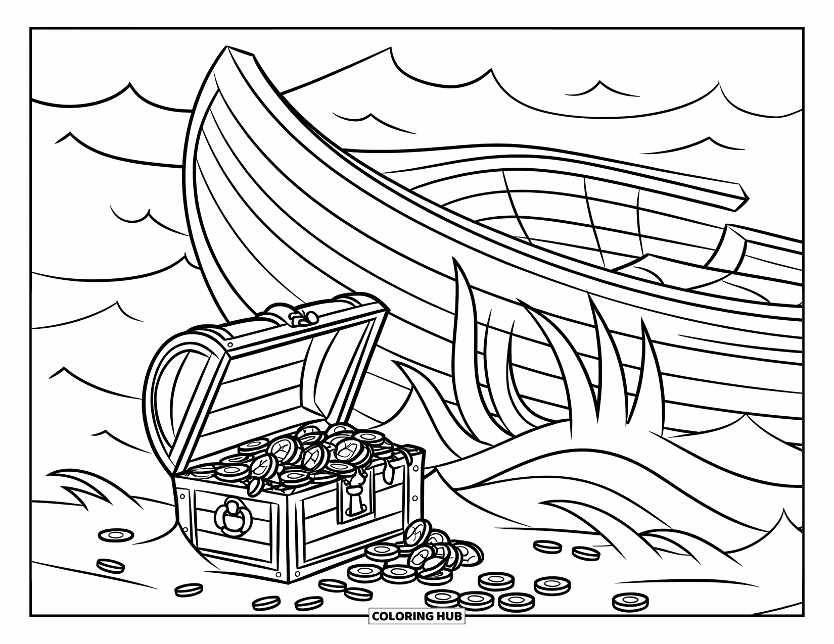 Boat Coloring Page for Kids: A half-sunken boat surrounded by treasure, seaweed, and ocean creatures