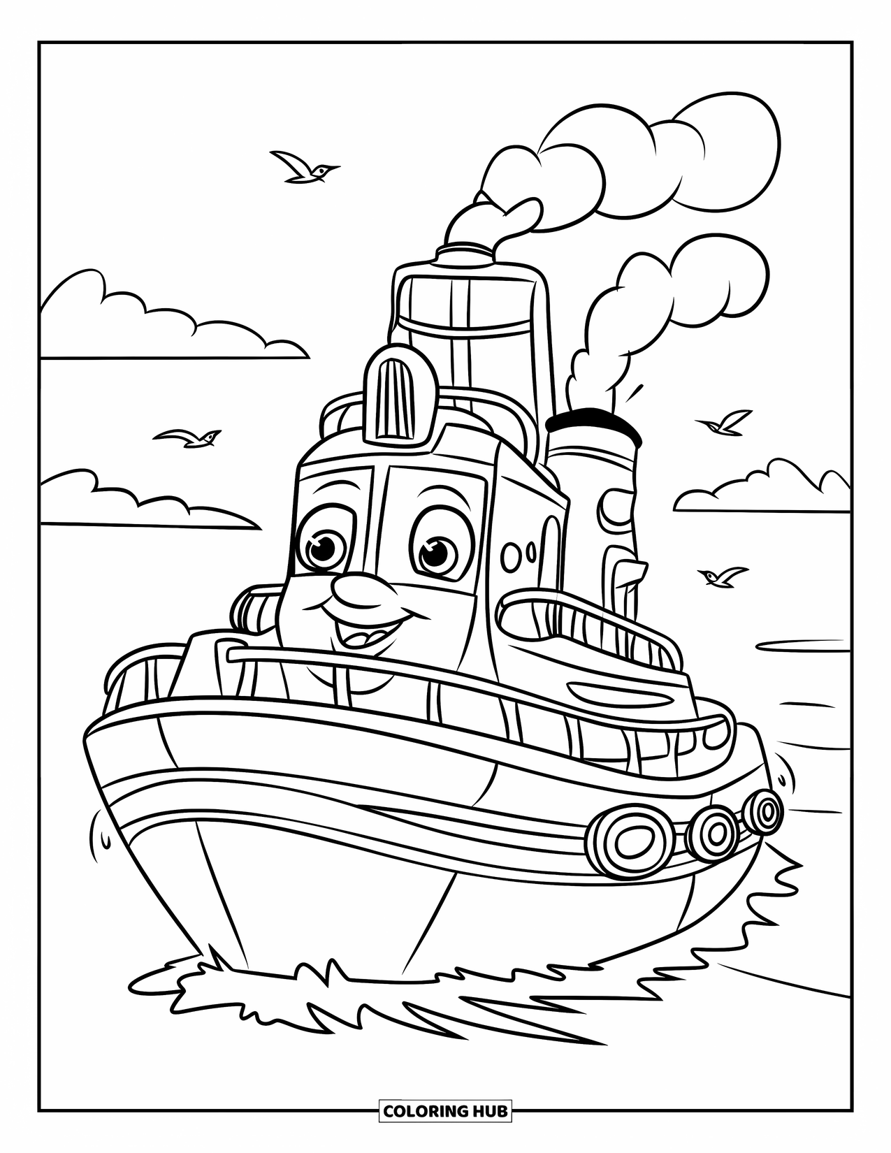 Boat Coloring Page for Kids: A happy tugboat puffs a cloud of smoke as it glides across the water
