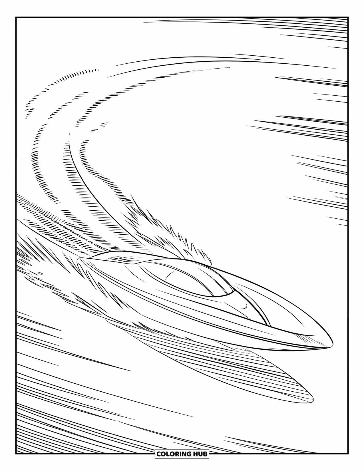 Boat Coloring Page for Kids: A high-speed motorboat cuts through the waves, creating a foamy trail behind it
