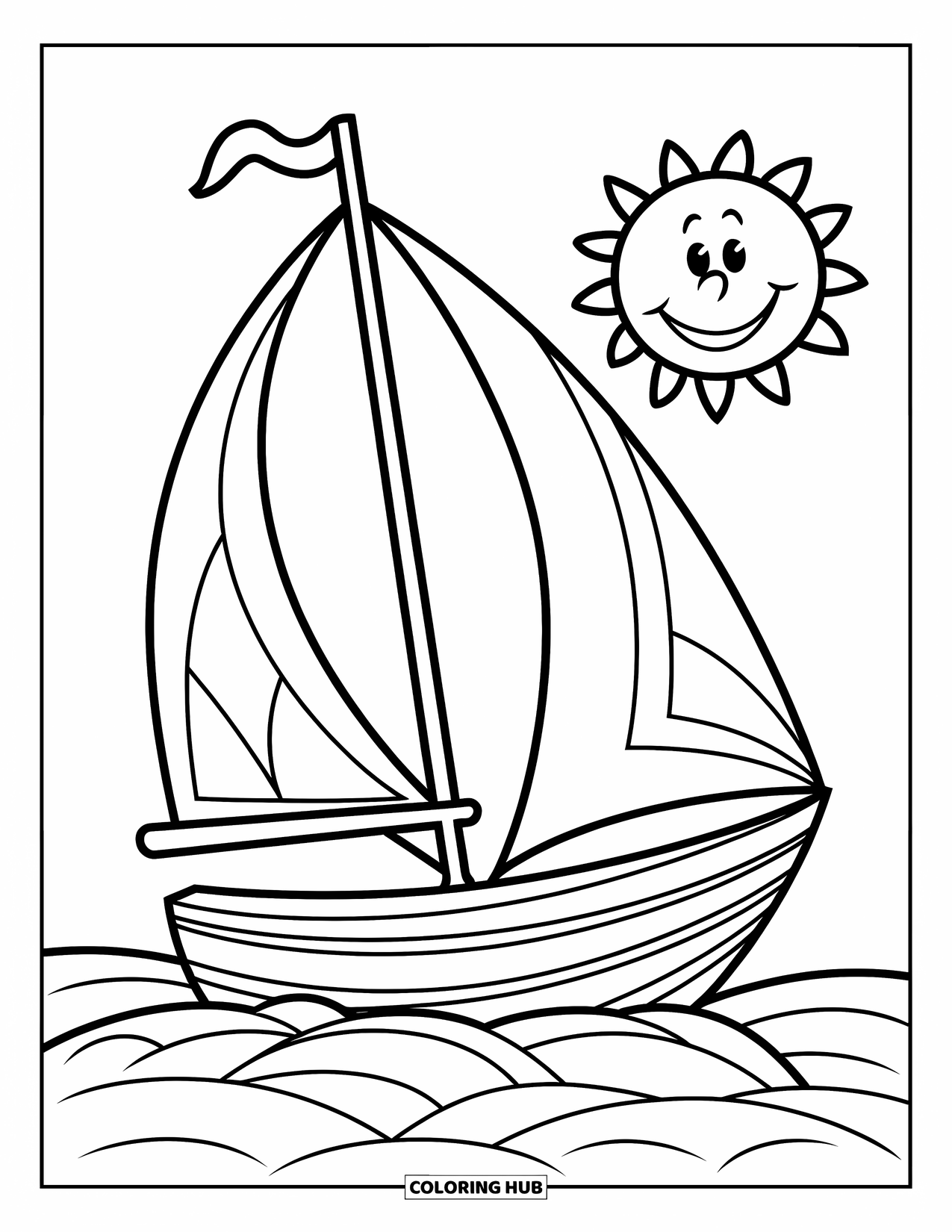 Boat Coloring Page for Kids: A large sailboat with a single sail floats on gentle waves under a smiling sun