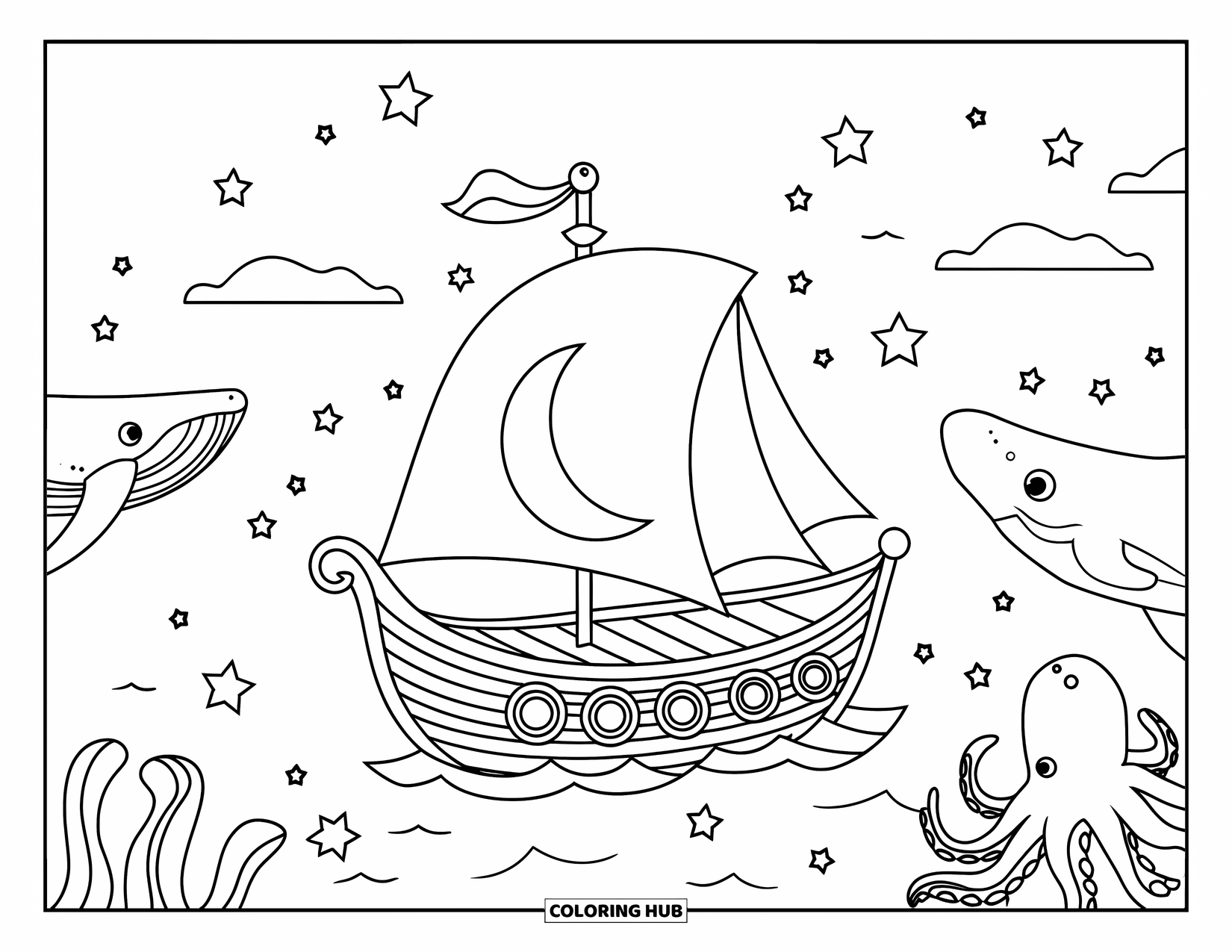 Boat Coloring Page for Kids: A magical boat with a moon-shaped sail glides over waters filled with sea creatures