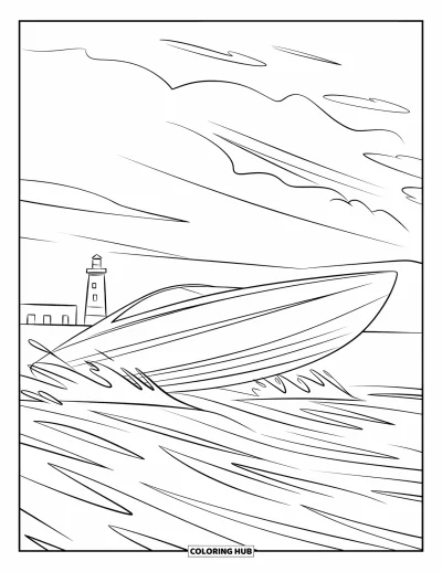Boot-Ausmalbild für Kinder: Ein modernes Schnellboot rast durch die Wellen, in der Ferne steht ein Leuchtturm