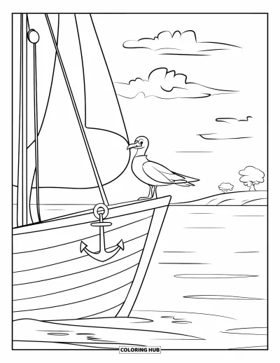 Boot-Ausmalbild für Kinder: Ein friedliches Holzsegelboot mit kleinem Anker treibt nahe einem ruhigen Horizont unter wolkigem Himmel