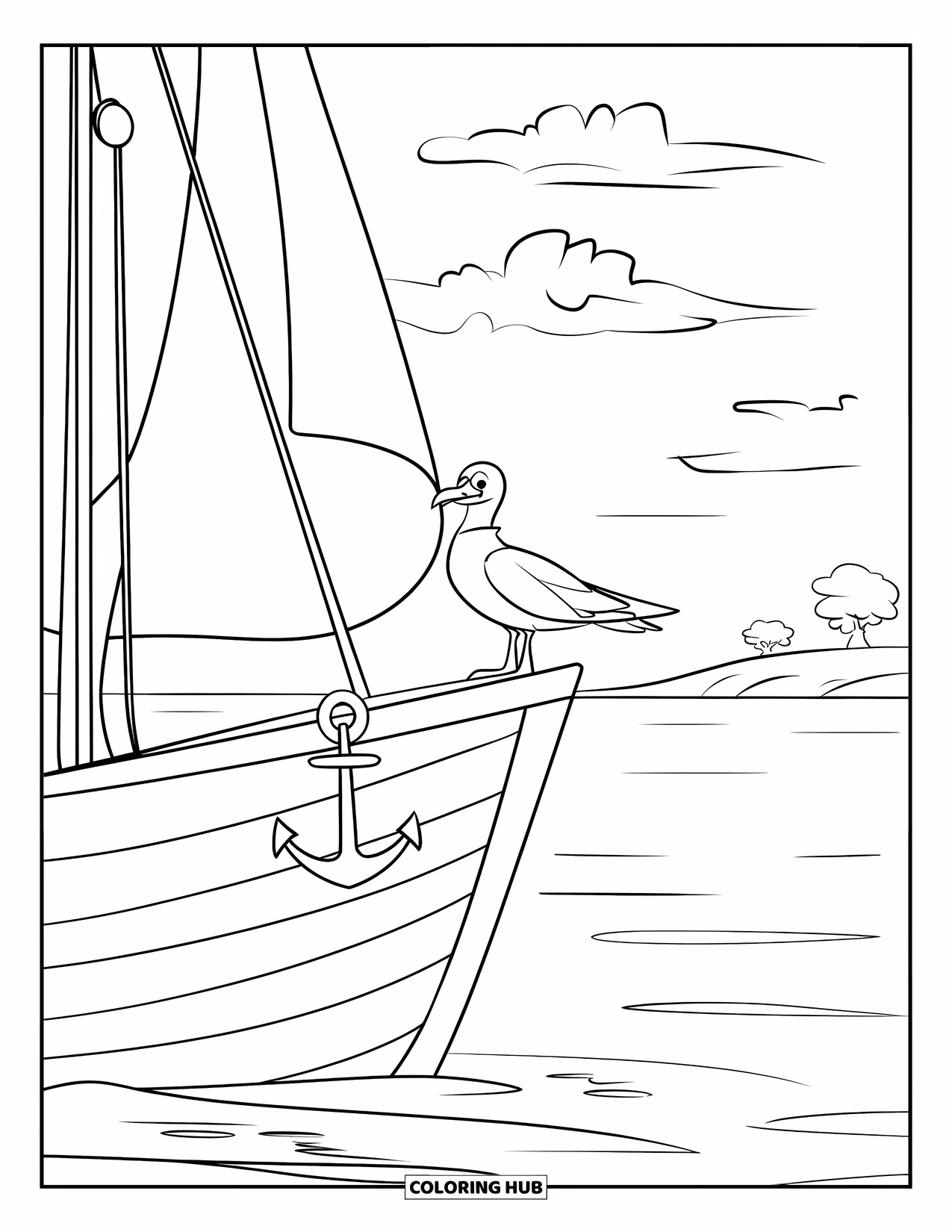 Boat Coloring Page for Kids: A peaceful wooden sailboat with a small anchor floats near a calm horizon under a cloudy sky