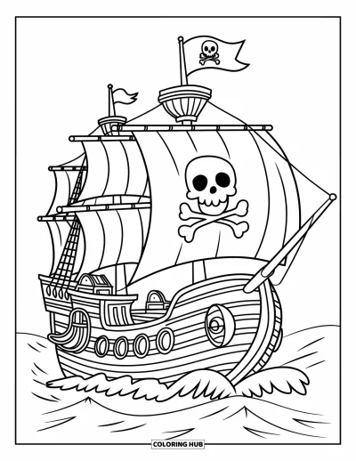 Boot-Ausmalbild für Kinder: Ein Piratenschiff mit lächelnder Totenkopf-Flagge, Schatztruhen an Deck und im Wind geblähten Segeln