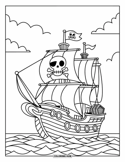 Boot-Ausmalbild für Kinder: Ein Piratenschiff mit Schatz, hoch aufragenden Segeln und Wellen, die gegen den Rumpf spritzen