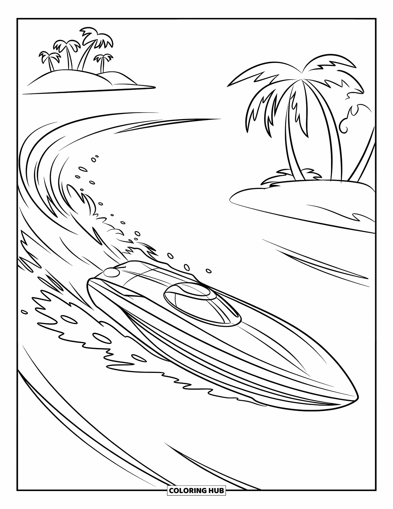 Boat Coloring Page for Kids: A powerful motorboat speeds across open water, sending waves and spray flying