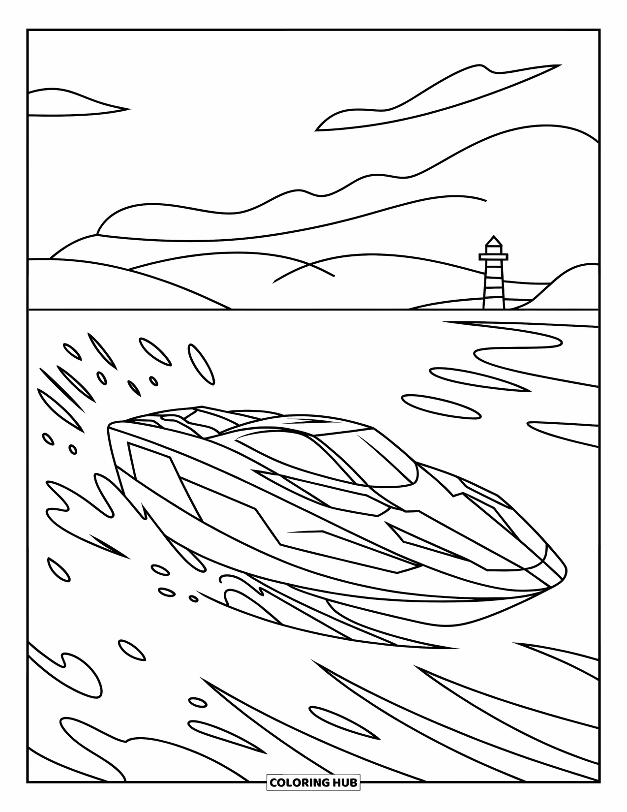 Boat Coloring Page for Kids: A racing speedboat speeds through water, waves splashing in its wake
