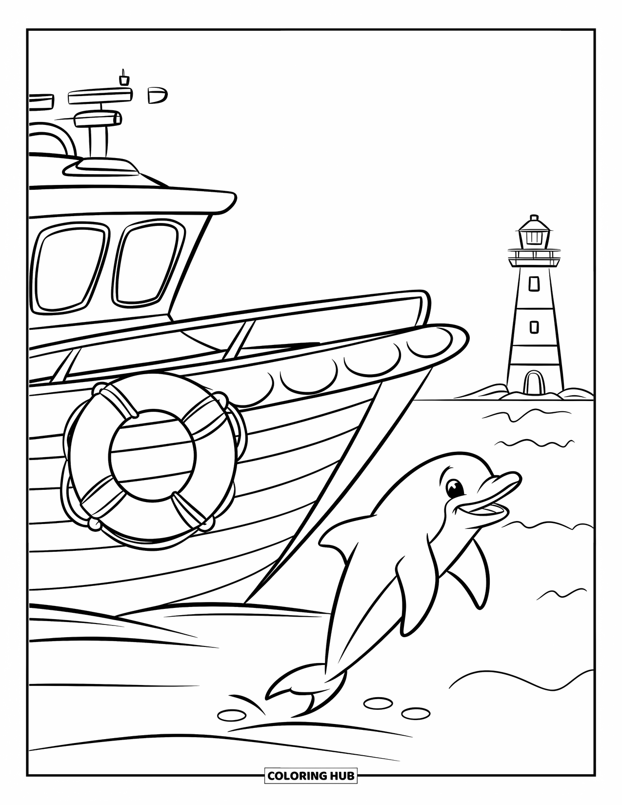 Boat Coloring Page for Kids: A rescue boat on a peaceful ocean, a dolphin playing beside it, and a lighthouse in the background