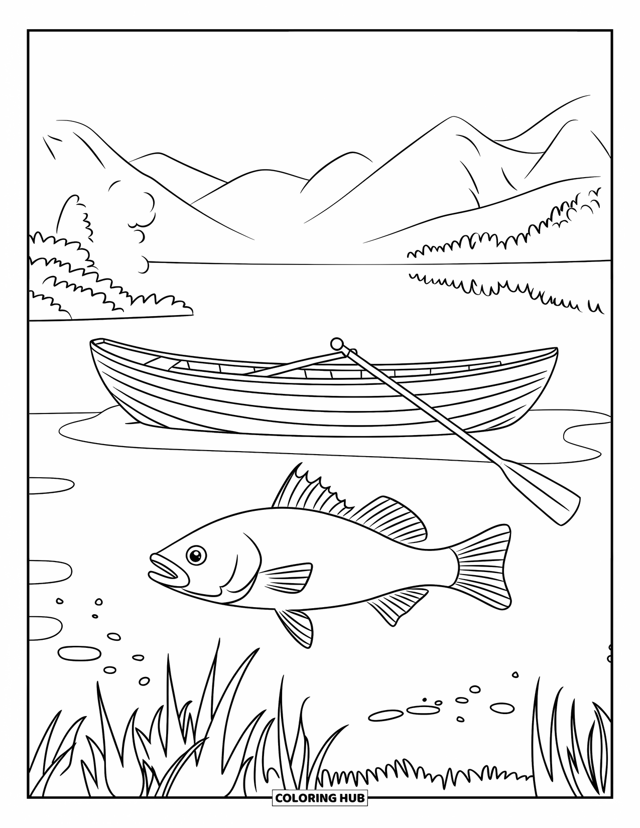 Boat Coloring Page for Kids: A rowboat with two paddles drifts peacefully, with a large fish swimming below