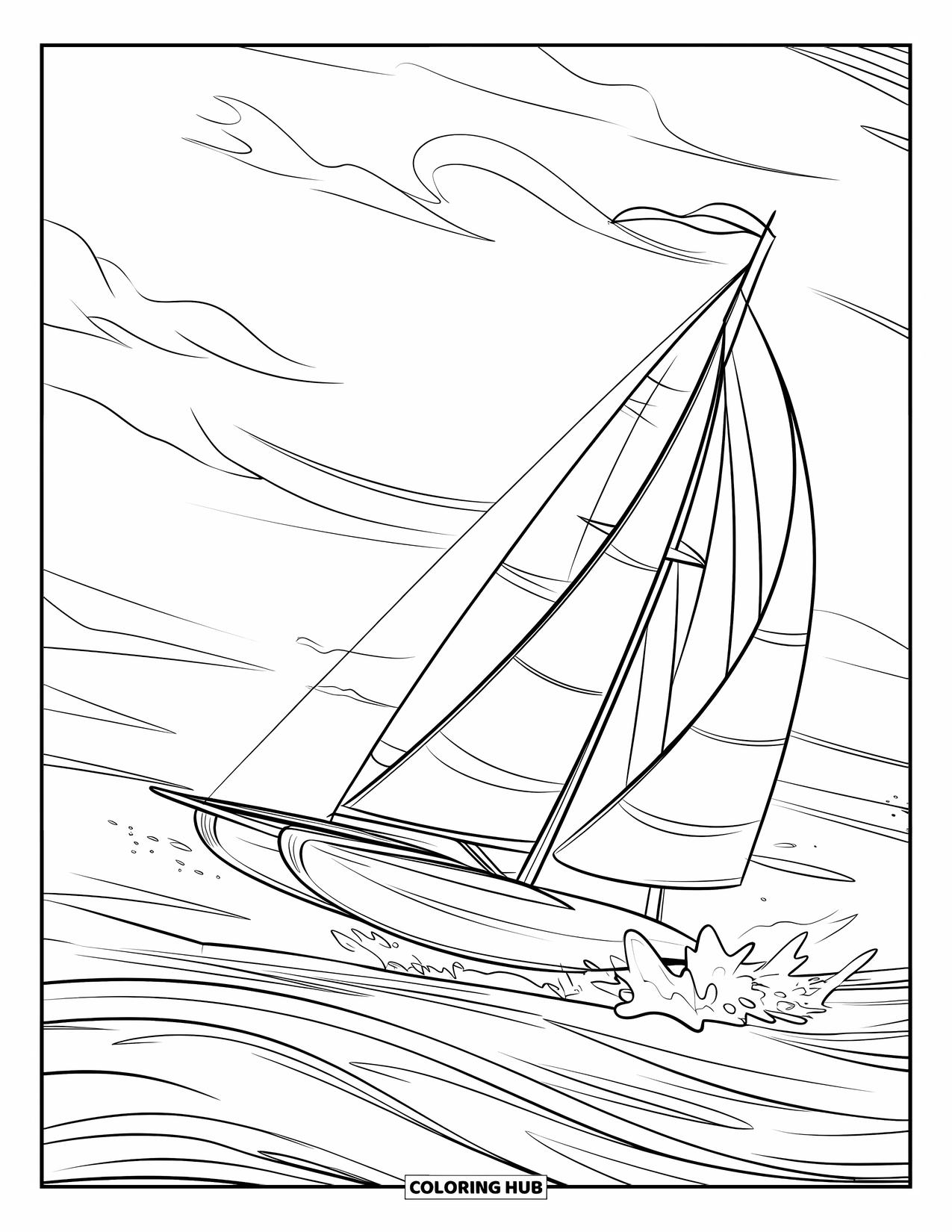 Boat Coloring Page for Kids: A sailboat leans into strong winds, its sails stretched full as waves crash around it