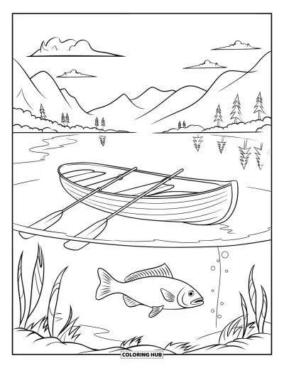 Boot-Ausmalbild für Kinder: Eine ruhige Ruderboot-Szene mit stillem Wasser, einem Fisch darunter und einer malerischen Bergkulisse