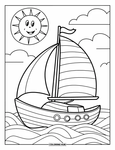Boot-Ausmalbild für Kinder: Ein einfaches Segelboot mit wehender Flagge treibt auf dem Wasser, im Hintergrund strahlt eine lächelnde Sonne