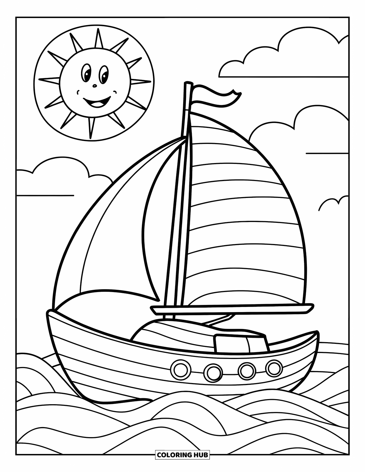 Boat Coloring Page for Kids: A simple sailboat with a waving flag floats on the water, smiling sun in the background