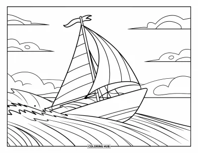 Boot-Ausmalbild für Kinder: Eine schlichte Yacht mit gestreiftem Segel fährt durch rollende Wellen und an einem klaren Horizont entlang
