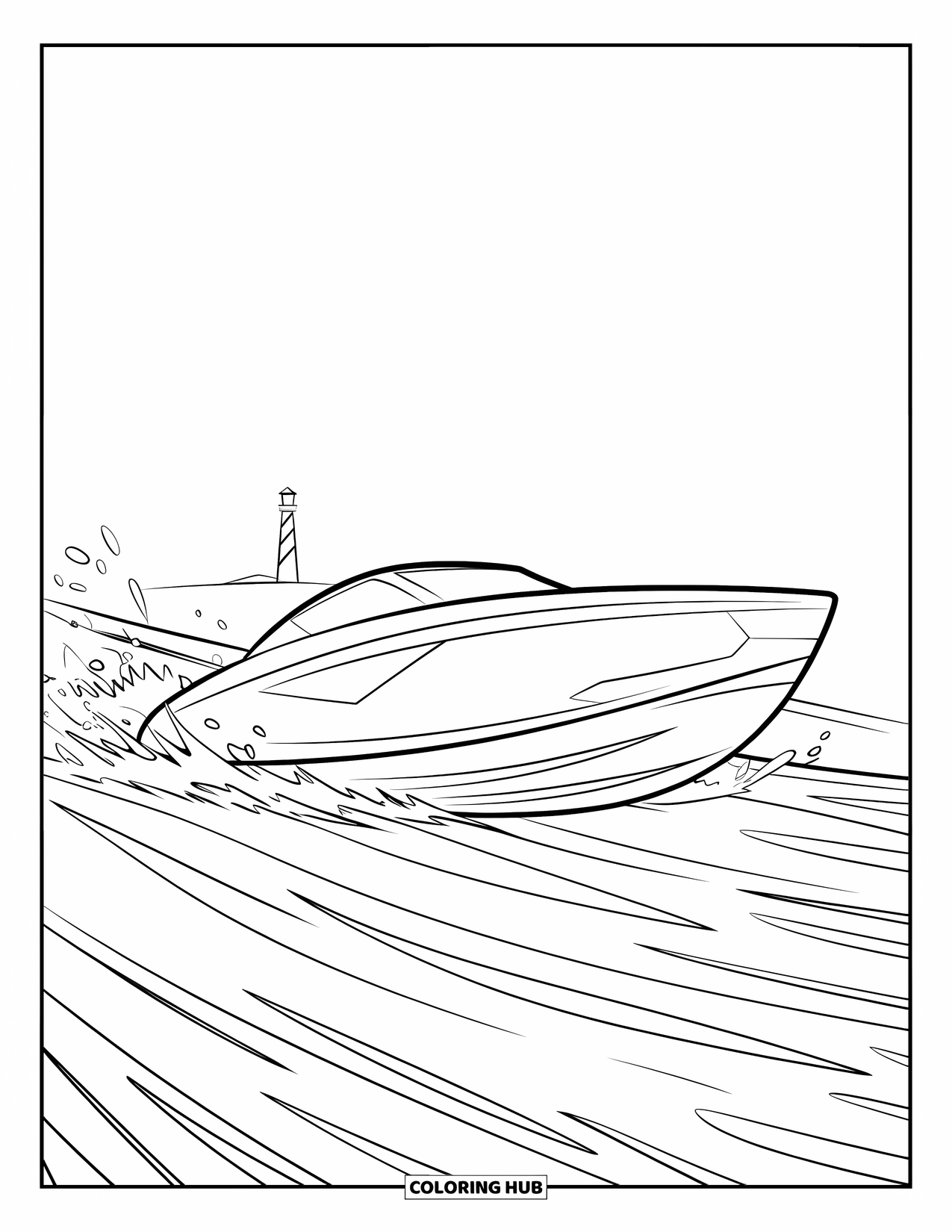 Boat Coloring Page for Kids: A sleek speedboat racing across wavy water, leaving splashes behind