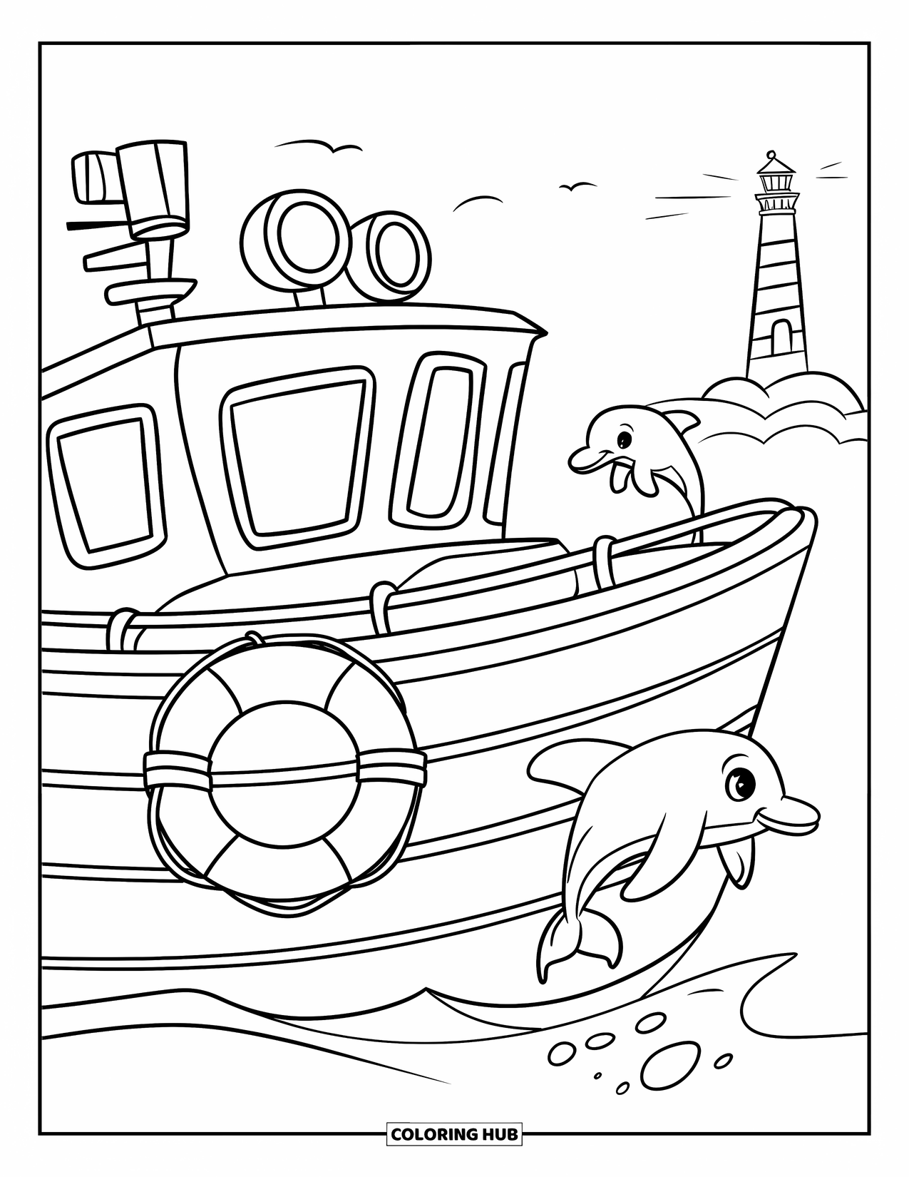 Boat Coloring Page for Kids: A sturdy rescue boat with a lifebuoy glides across the sea, with a lighthouse on the horizon