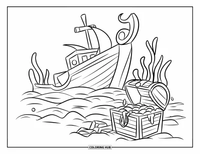 Boot-Ausmalbild für Kinder: Ein versunkenes Schiffswrack mit von Seegras bedeckten Planken und einer Schatztruhe voller Goldmünzen