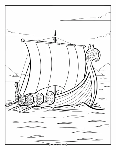 Boot-Ausmalbild für Kinder: Ein Wikinger-Langschiff mit grimmigem Drachenbug rudert über ruhiges Wasser