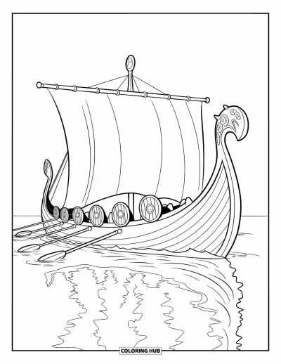 Boot-Ausmalbild für Kinder: Ein Wikinger-Langschiff mit Drachenverzierungen, Schilden an den Seiten und Rudern, die durchs Meer schneiden