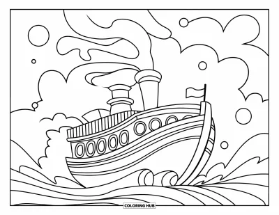 Boot-Ausmalbild für Kinder: Ein nostalgisches Dampfschiff mit hohem Schornstein fährt über kräftige Wellen in einem einfachen, fröhlichen Design