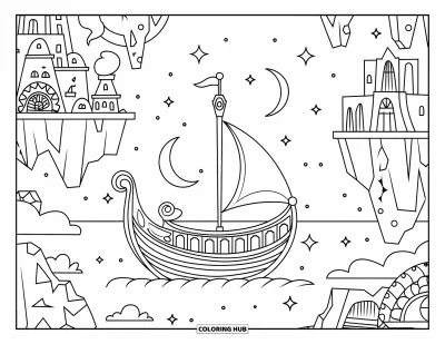 Boot-Ausmalbild für Kinder: Ein verspieltes Boot mit Sichelsegel treibt an Inseln vorbei, darüber funkeln Sterne