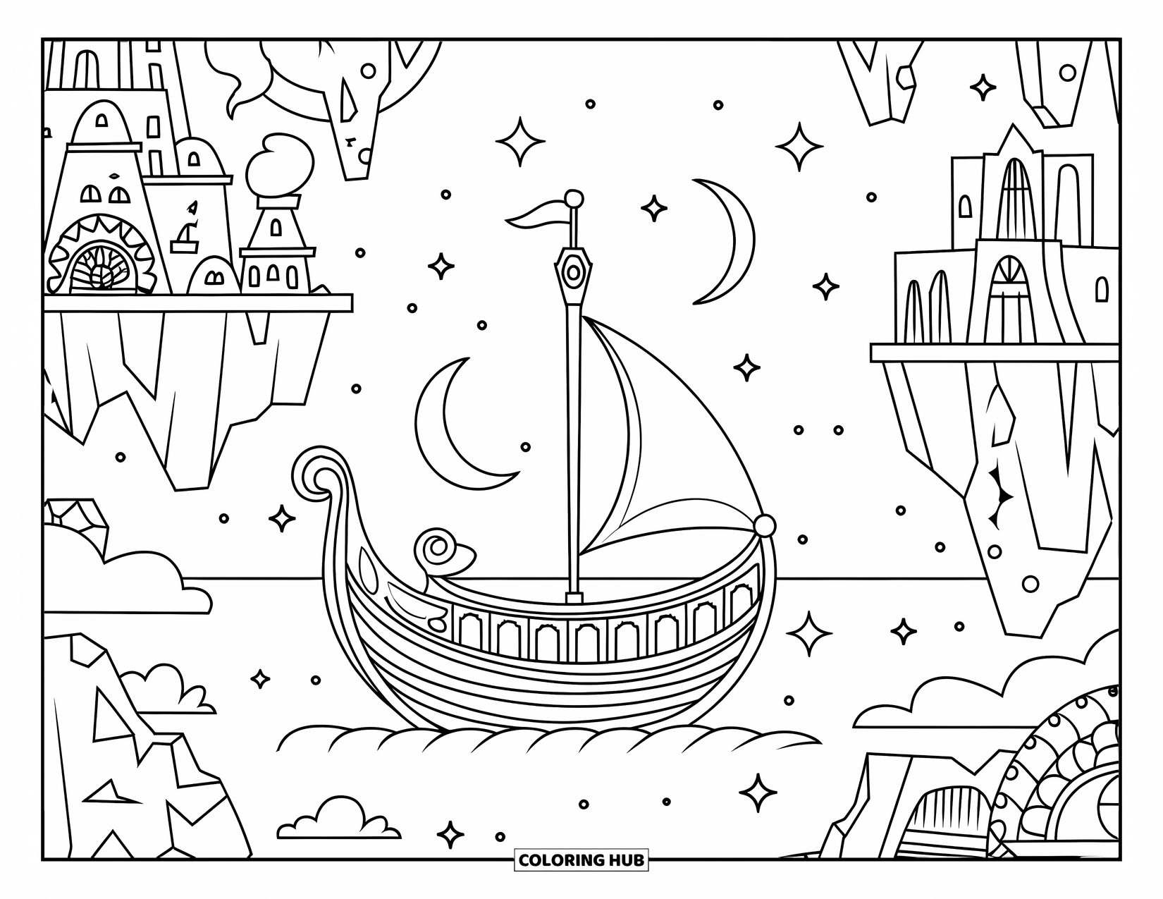 Boat Coloring Page for Kids: A whimsical boat with a crescent sail floats past islands, stars twinkling above