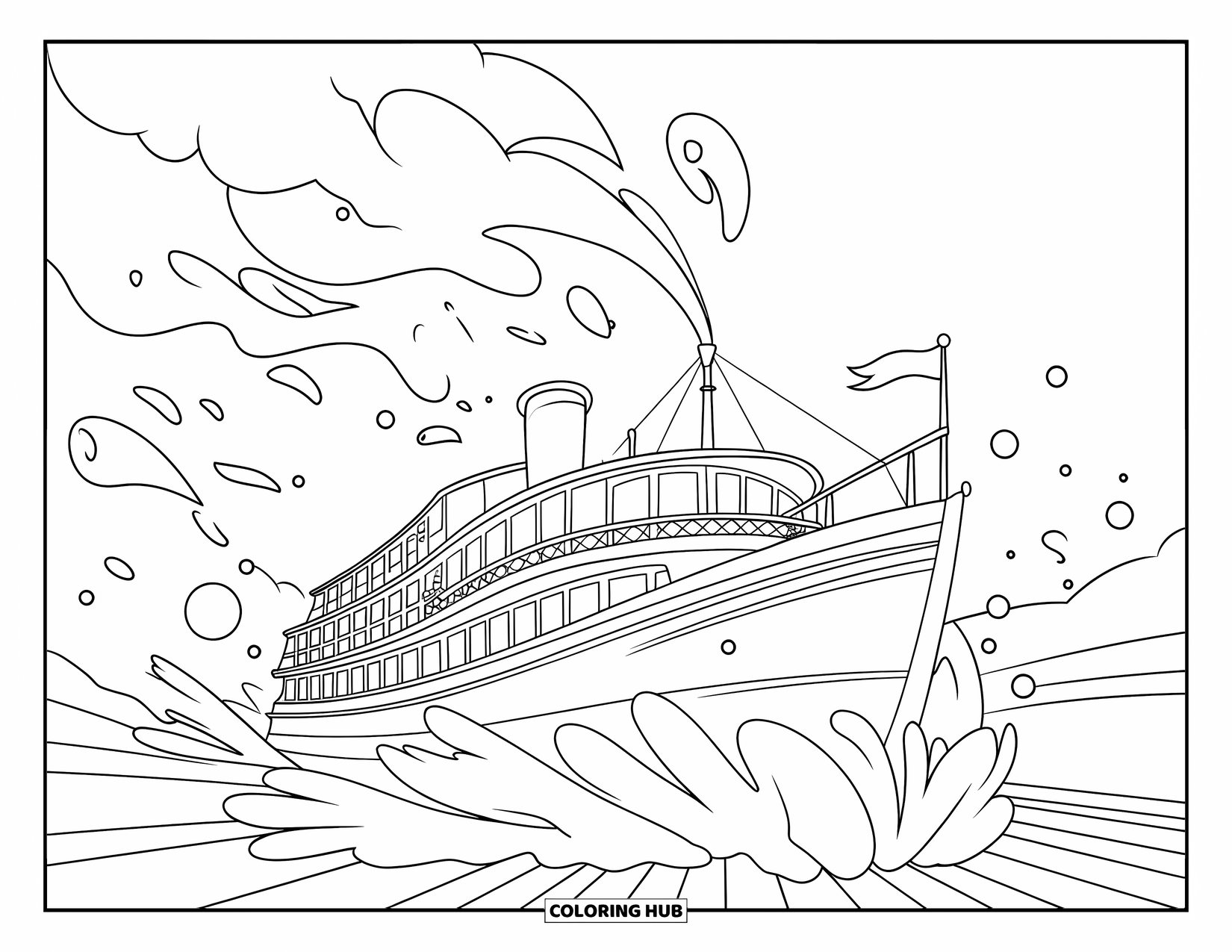 Boat Coloring Page for Kids: A whimsical steamboat puffs smoke as it drifts through gentle waves