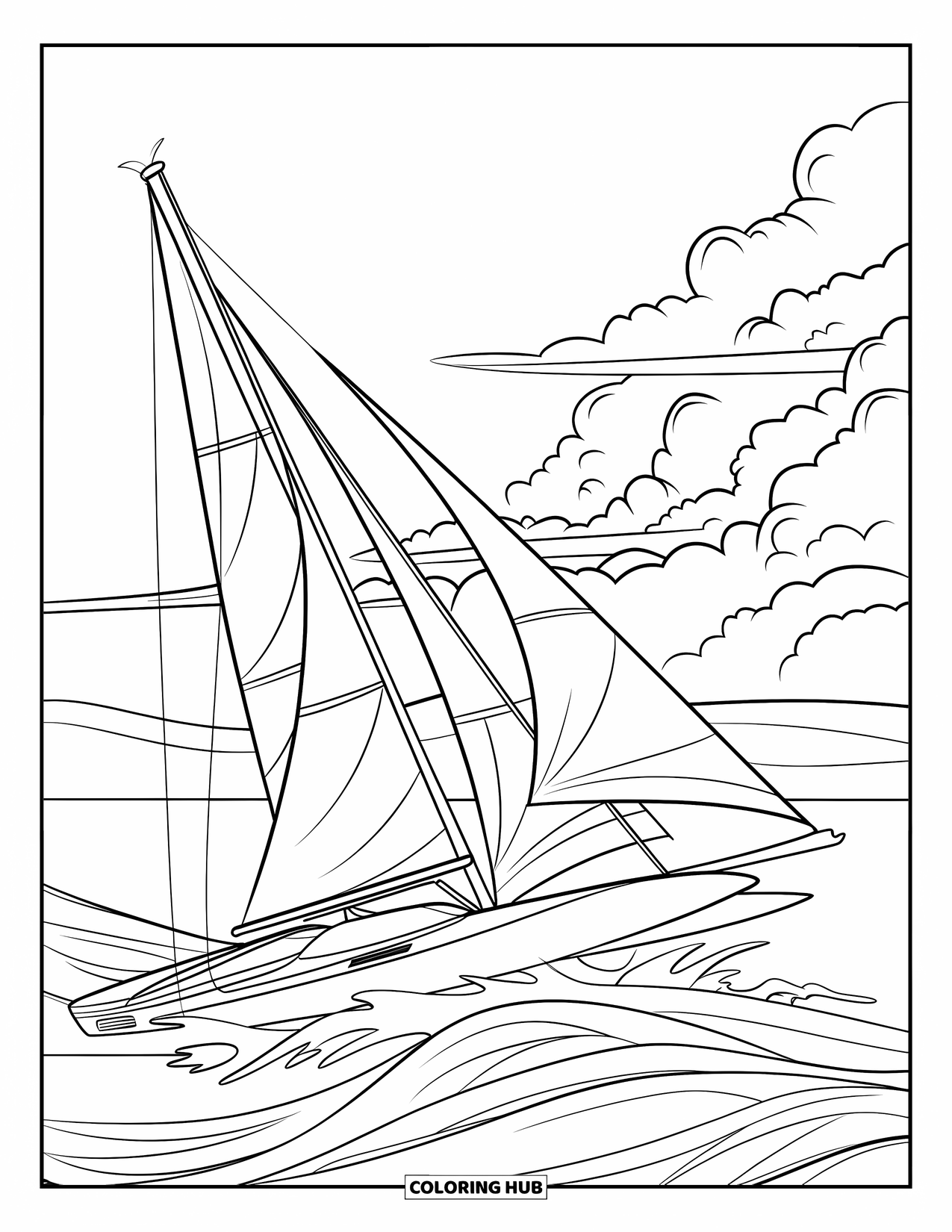 Boat Coloring Page for Kids: A wind-filled sailboat surges forward, slicing through rolling waves